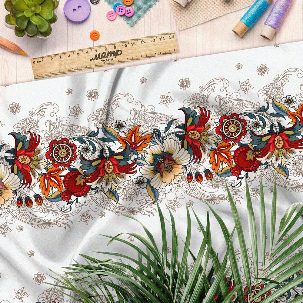 Ткань таффета цветная роспись на белом фоне