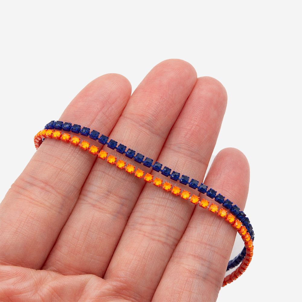 Матовая стразовая цепь, 2мм, оранжевый кристалл в оранжевых цапах