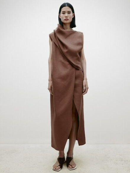 Massimo Dutti Льняное платье-кейп - Limited Edition, коричневый