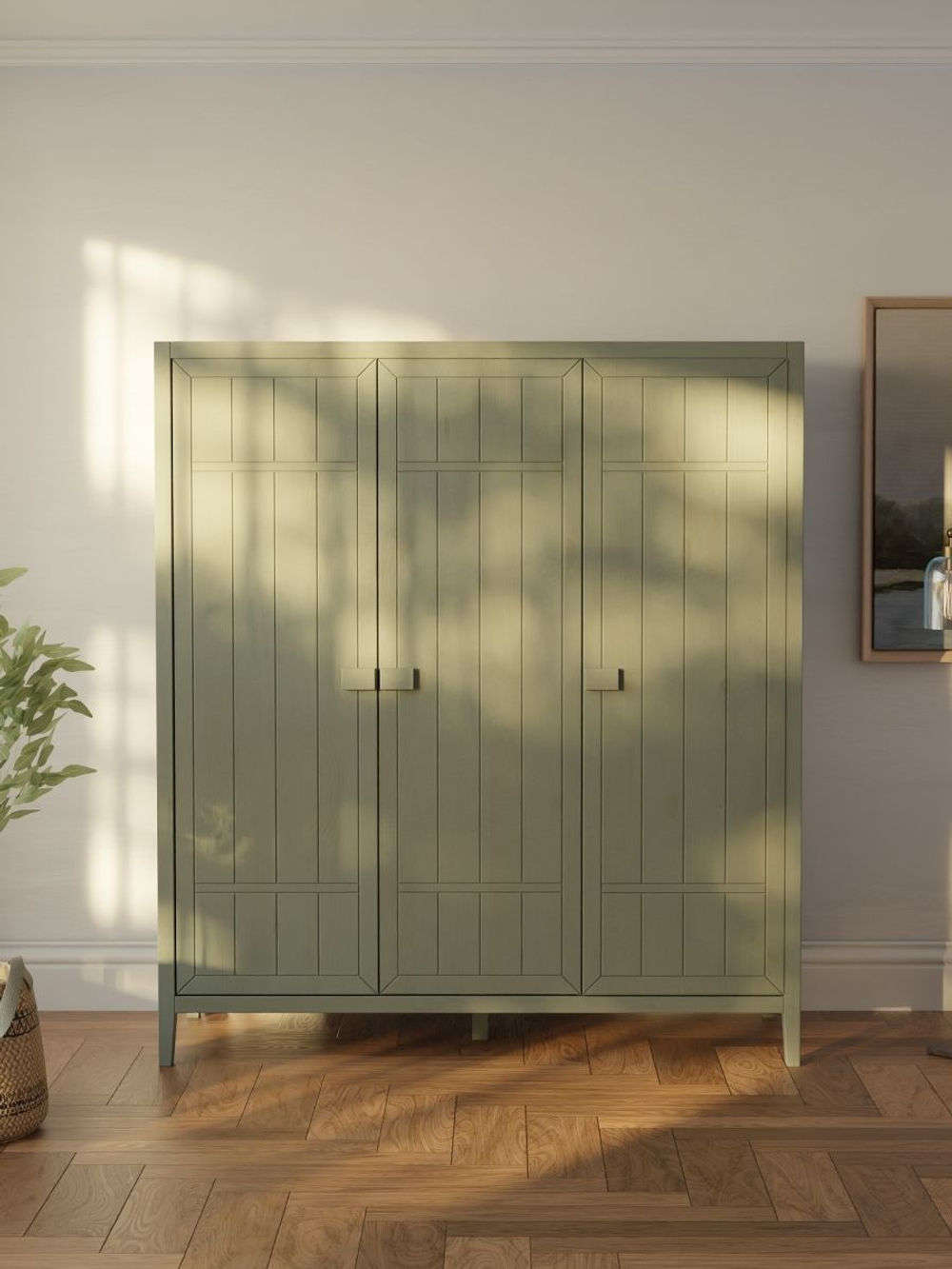 Шкаф 154х50х173, Карлос, распашной для одежды и вещей, массив сосны, 3 двери, со штангой и полками, в госинную, спальню, прихожую, зеленый эвкалипт, Dipriz
