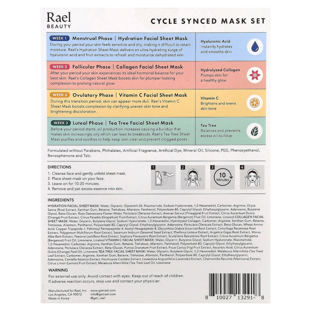 Rael, набор масок для ухода за кожей, 4 шт., по 25 мл (0,84 жидк. унции)