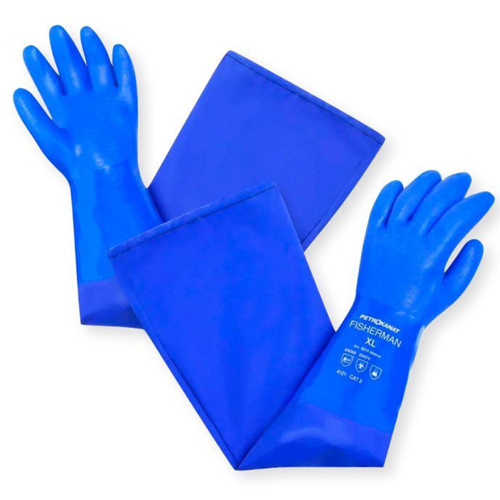 Перчатки рыболовные Петроканат FISHERMAN 27 см, с рукавом 40 см, синие, размер ХХL, 1 пара (для промышленной морской ловли)