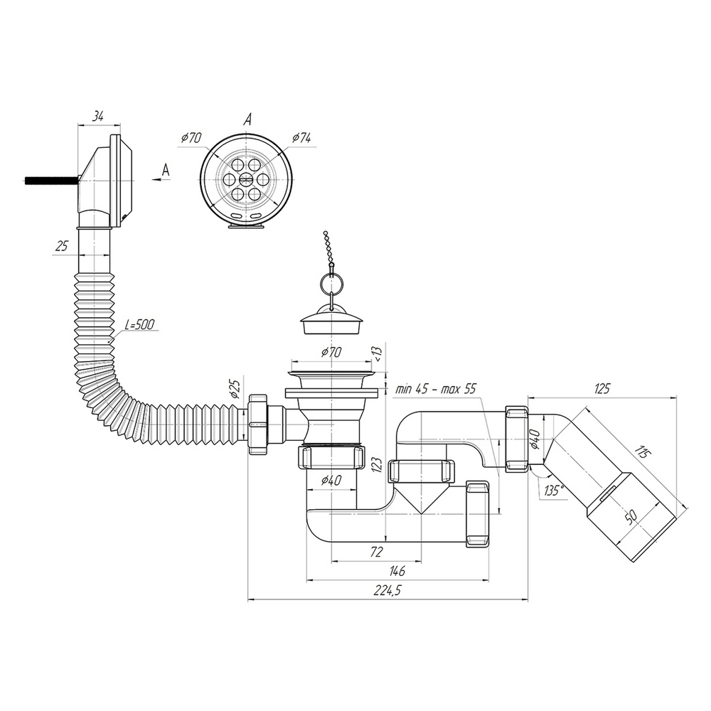 Обвязка на ванну 1 1/2*40*50 с вып. и  переливом регул с трубой Ani Е251 АНИпласт