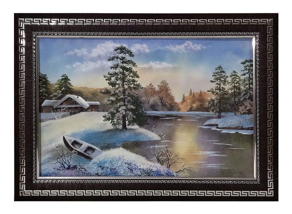 Картина &quot; Зимний вечер&quot; рисованная уральскими минералами в пластиковом багете  50-70-2см