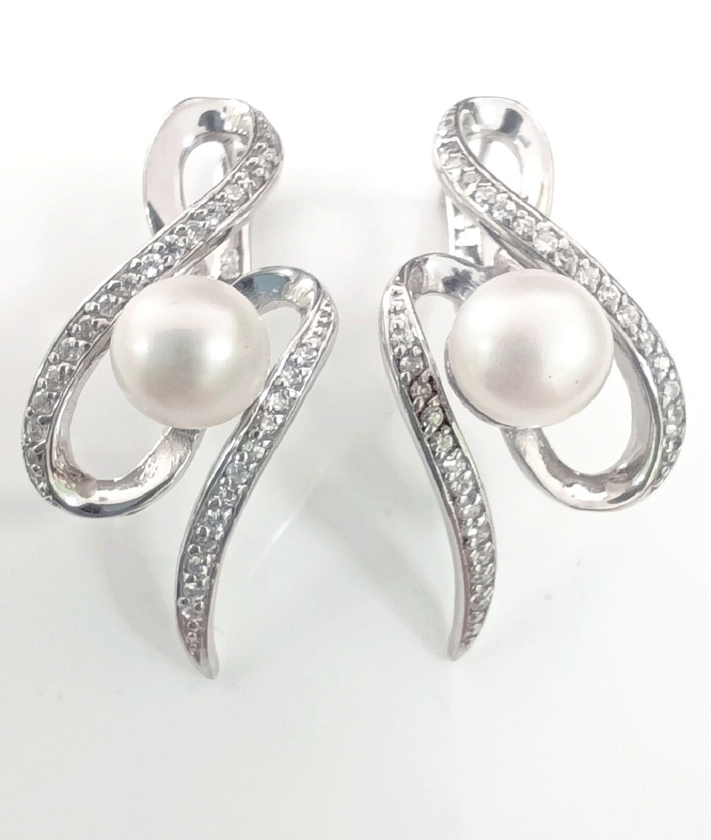 Серьги "Эстерелла", серебро 925*, родированные, с жемчугом и фианитом/Ф