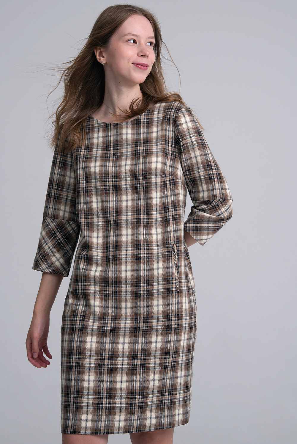 Платье женское 1390Аг, клетка беж #406Кбе051390Аг