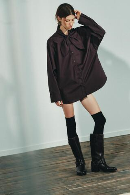 ZARA РУБАШКА ИЗ ПОПЛИНА С ВОРОТНИКОМ-ШАРФОМ, ТЕМНО-КОРИЧНЕВЫЙ