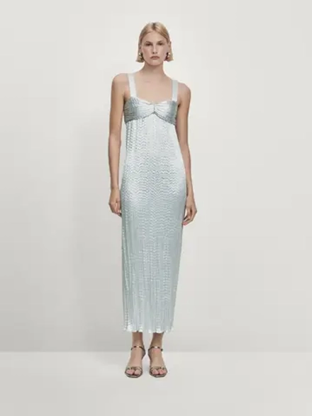 Massimo Dutti Атласное платье миди в складку - Studio, серебристый