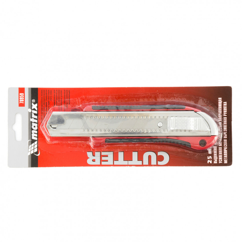 Нож строительный, 25 мм, выдвижное лезвие, усилен.металл.направляющая, металл.обрезиненная рукоятка, Matrix, 78959---