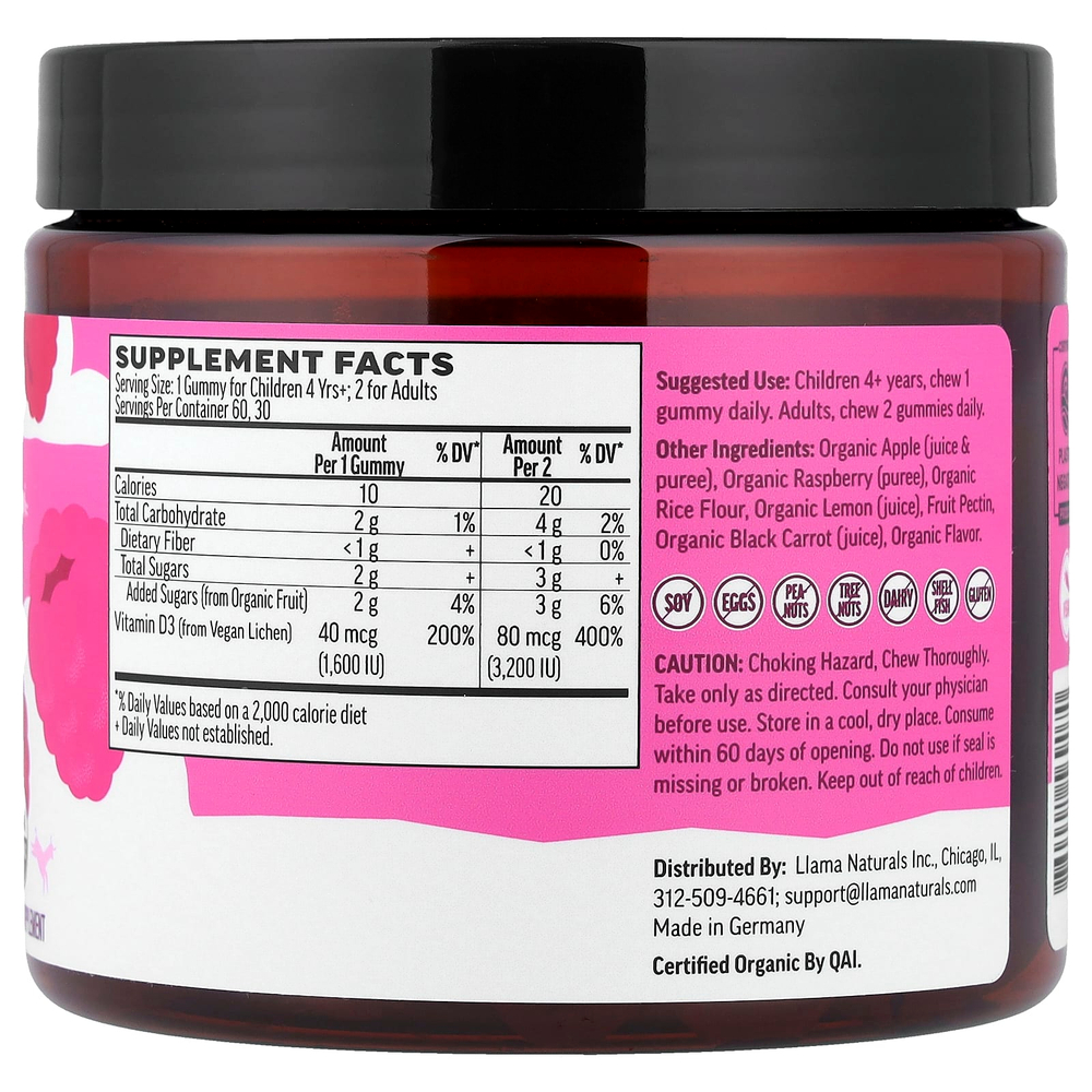 Llama Naturals, растительный витамин D3 для детей и взрослых, натуральный фруктовый жевательный вкус, малина, 60 жевательных таблеток