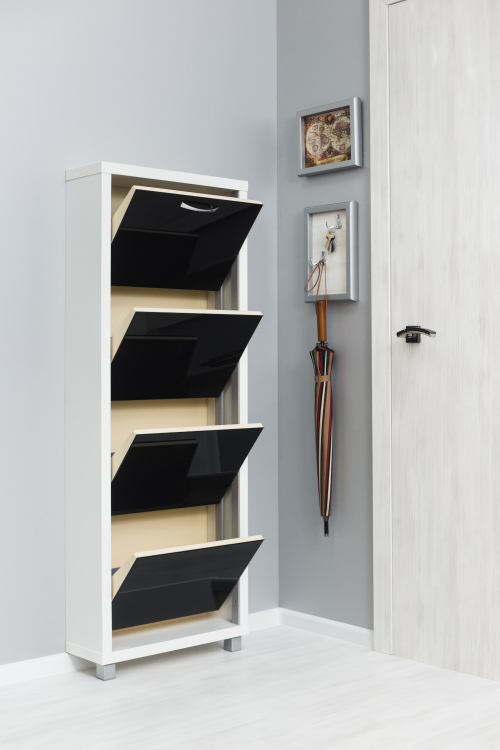 Обувница в прихожую компактная для обуви Люкс 4 черное стекло белая