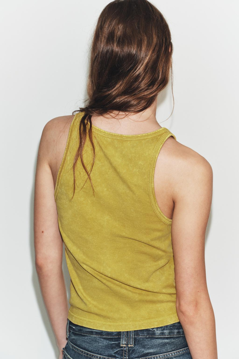 ZARA ФУТБОЛКА В СТИЛЕ РУСТИК НА БРЕТЕЛЯХ, ЛИМОННО-ЖЕЛТЫЙ