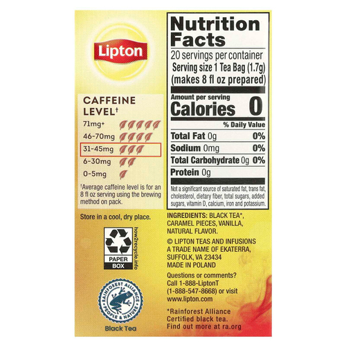 Lipton, Черный чай с ванилью и карамелью, 20 чайных пакетиков, 34 г (1,2 унции)