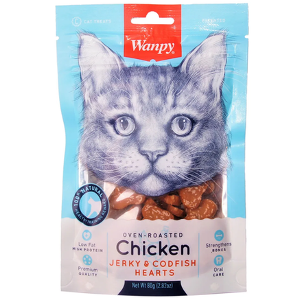 Лакомство для кошек Wanpy Cat «сердечки» из курицы с треской 80г