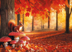 Осенний лес белка мухоморы - фон неопреновый