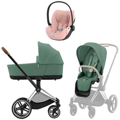 Коляска 3 в 1 Cybex Priam IV Chrome Brown complete и автокресло Cloud T i-Size Peach Pink Plus Leaf Green
