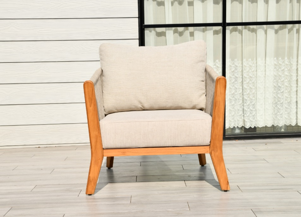 "Сидней" кресло плетеное из роупа, основание тик, каркас алюминий бежевый, роуп бежевый, ткань бежевая