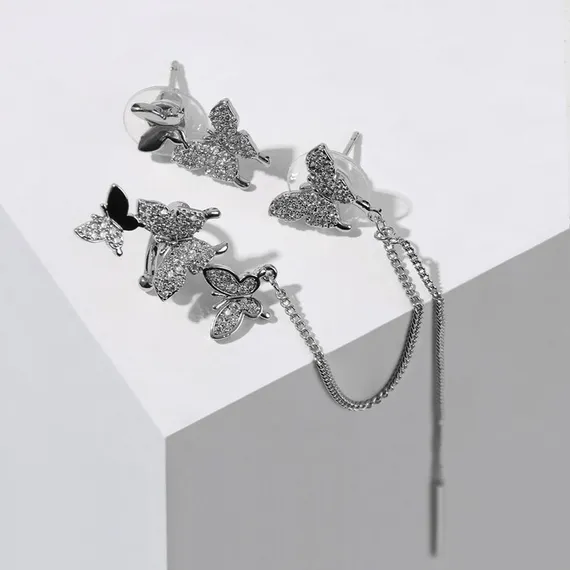 Набор серьги и каффа полёт бабочек, цвет белый в серебре