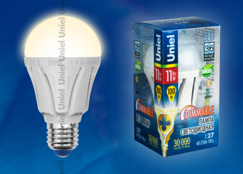 LED-A60-11W/WW/E27/FR/DIM ALP01WH Лампа светодиодная диммируемая. Форма A, матовая колба. Материал корпуса алюминий. Цвет свечения теплый белый. Сер