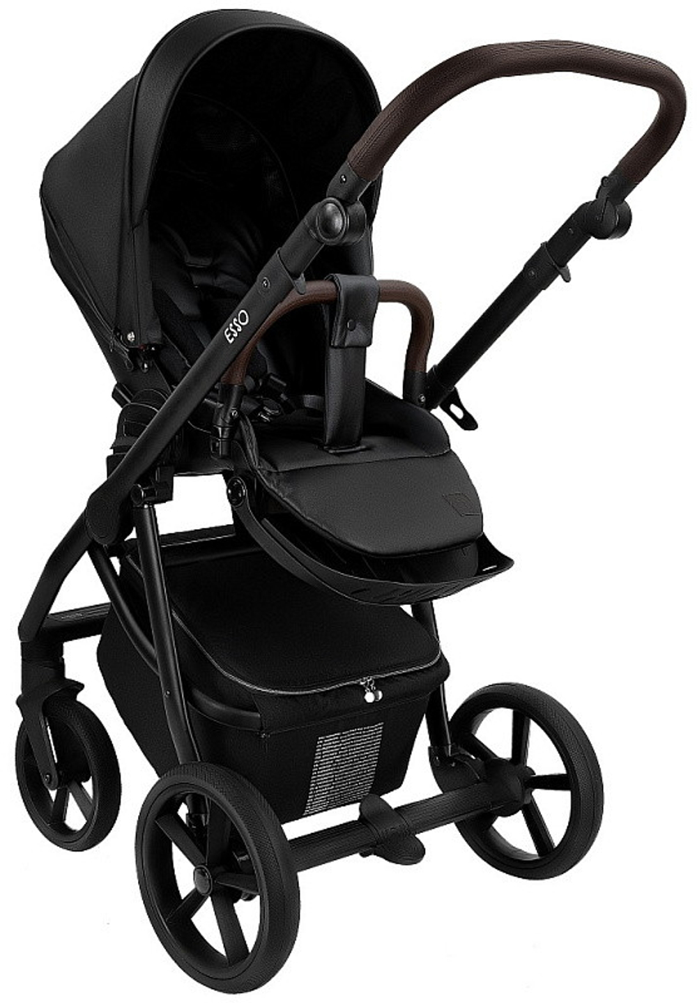Детская коляска Roan Esso Кожа 3 в 1 с автокреслом Tutis Elo Lux EduSky Black ESSK/210/1 Black /Black/руч.Тем.коричневый