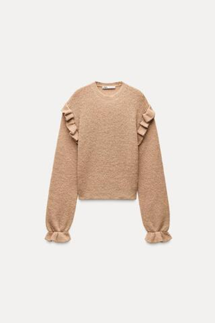 ZARA ТРИКОТАЖНЫЙ СВИТЕР С ВОЛАНАМИ, МЯГКИЙ КАШТАНОВЫЙ