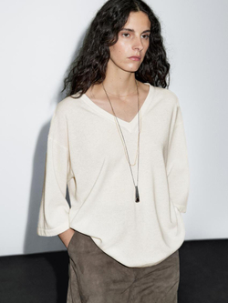 Massimo Dutti Свитер из смесовой шерсти с V-образным вырезом, белый