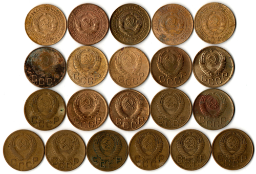 Набор монет 3 копейки СССР 1926, 28, 30, 31, 32, 36, 37, 38, 39, 40, 41, 46, 48, 49, 50, 52, 53, 54, 55, 56, 57 гг. (21 монета) VF-VG