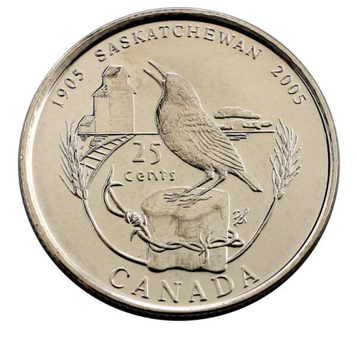 25 центов "Столетие провинции Саскачеван. Птица" 2005 год UNC