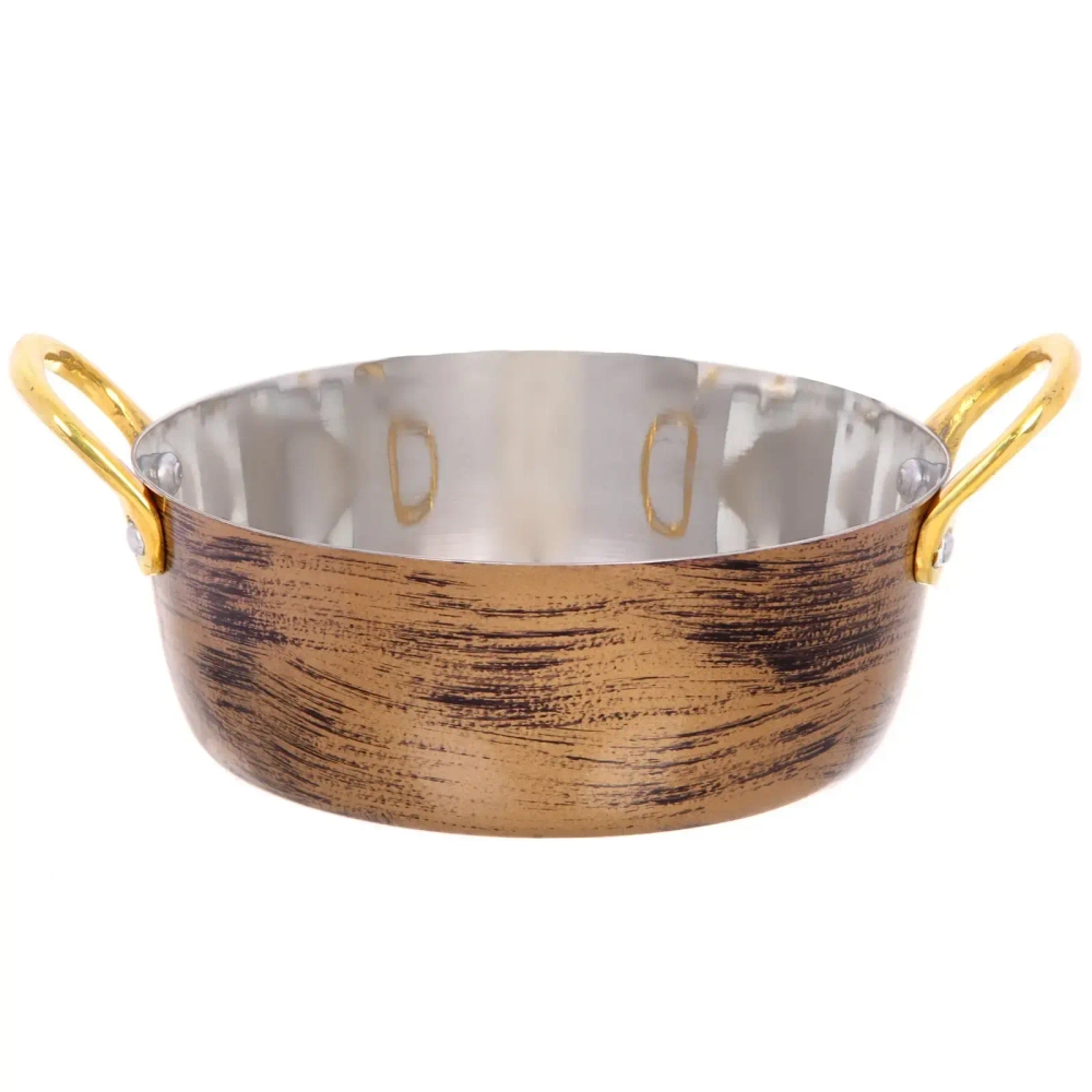 Сковорода из нержавеющей стали 14см с ручками из латуни, цвет Антик