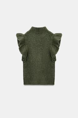 ZARA ЖИЛЕТ ИЗ ШЕРСТИ С ВОЛАНАМИ, ЗЕЛЕНЫЙ