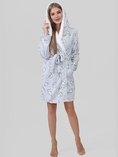Коротенький женский халатик с капюшоном (Размер: L) (Цвет: серый)