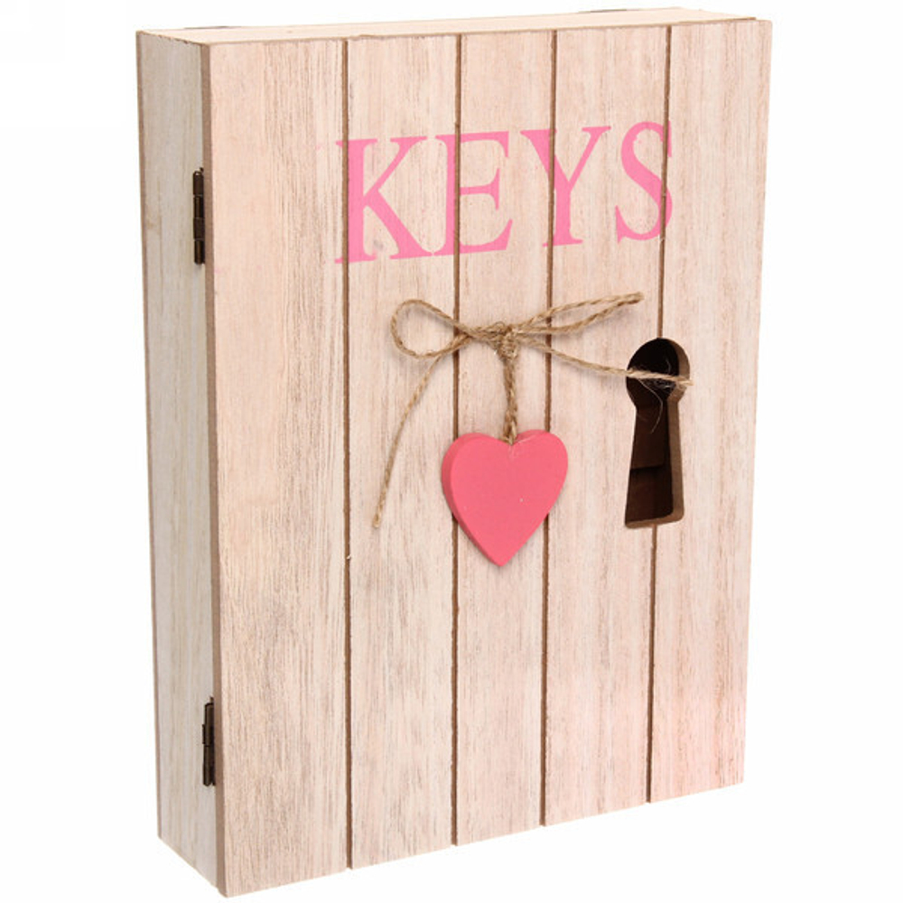 Ключница 24*18*5см «Keys» с розовым сердечком, 6 крючков, деревянная