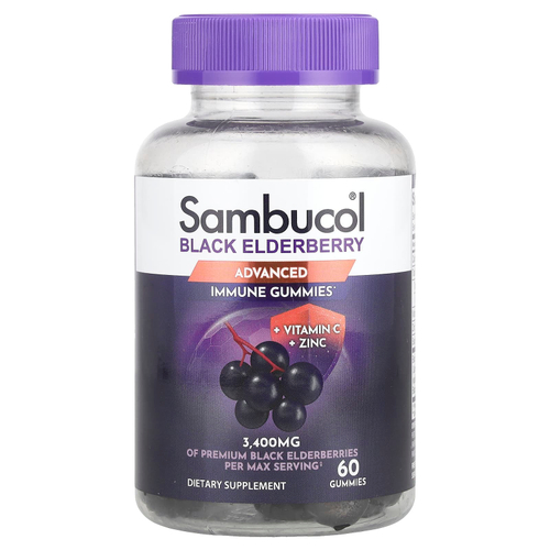Sambucol, Черная бузина, жевательные таблетки для поддержки иммунитета, с витамином C и цинком, вкус натуральных ягод, 60 жевательных таблеток
