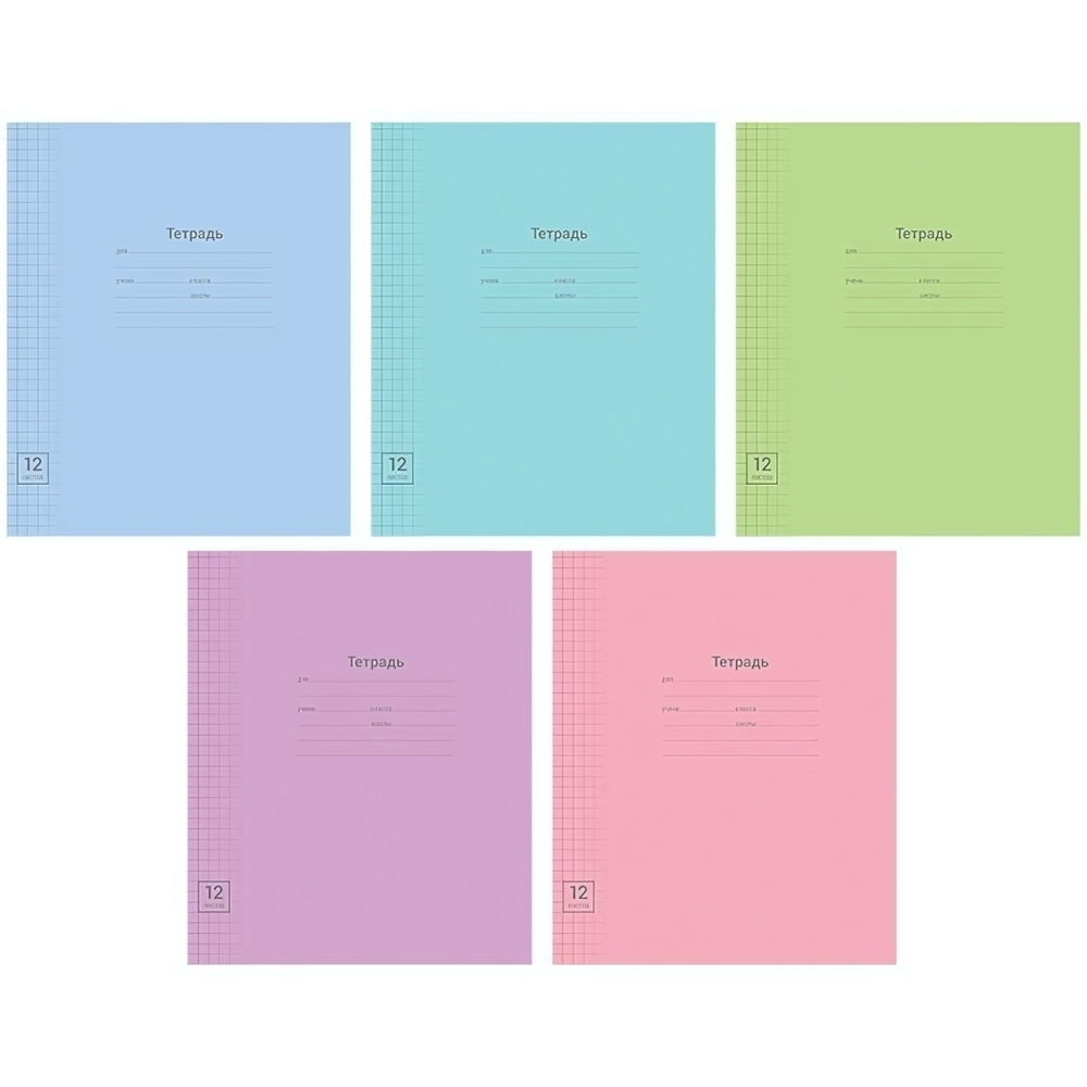 Тетрадь школьная А5 12л клетка "Одноцветная. Линовка" 183213 (Спейс) микс цветов (комплект 5 шт)