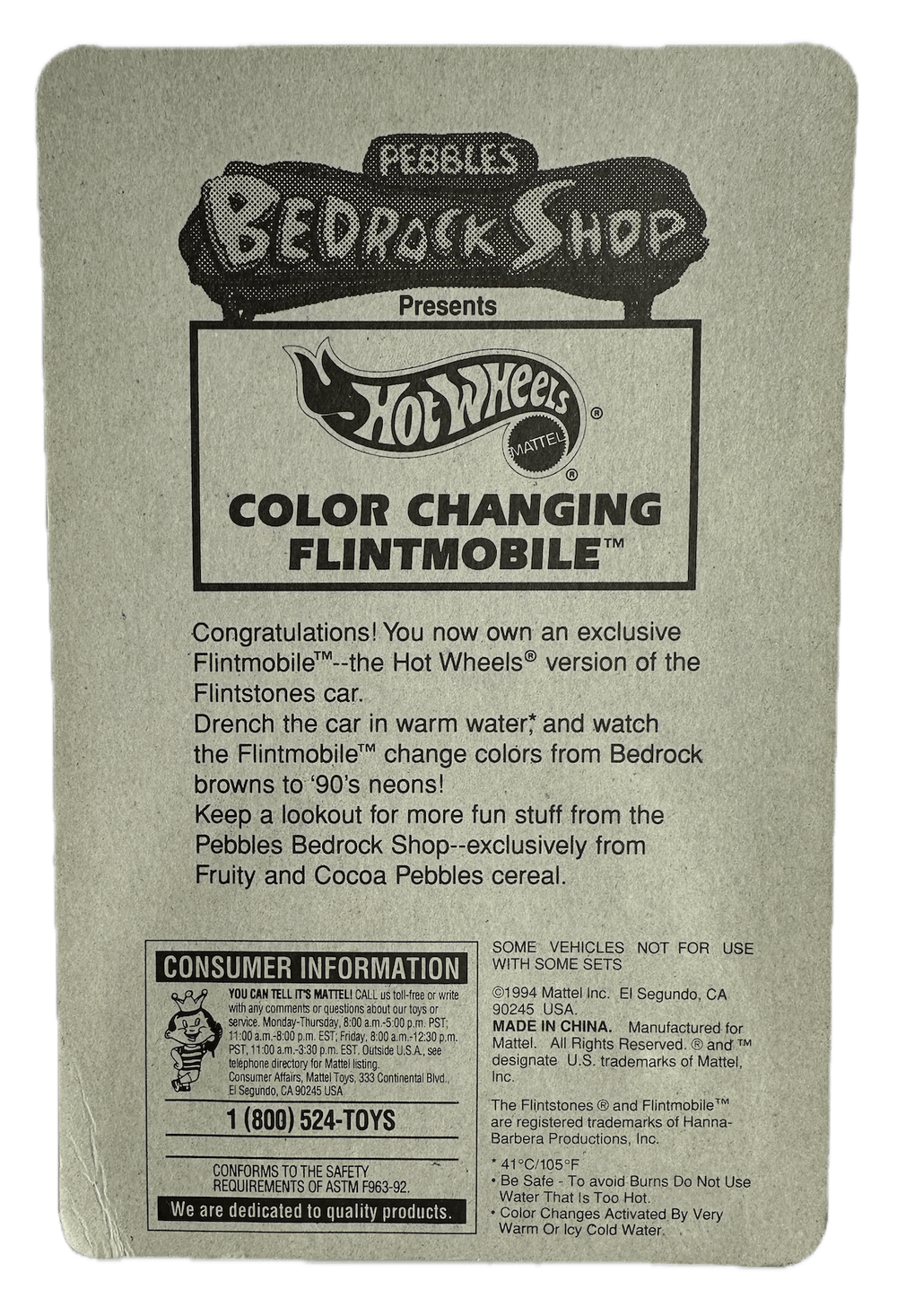 Hot Wheels | Color FX (Color Turbo) | Pebbles Bedrock Shop - Flintstones Flintmobile (1994)