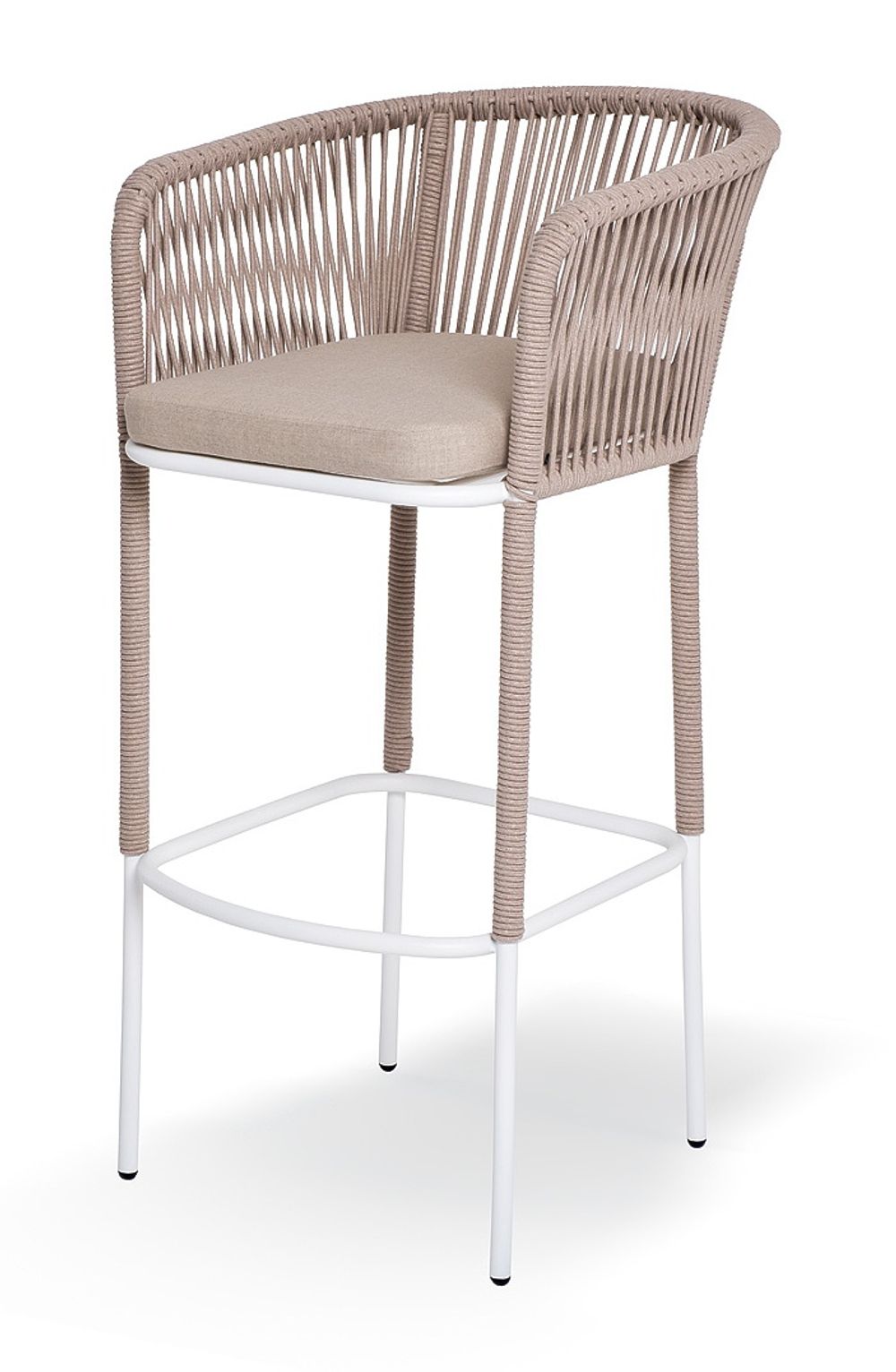 "Марсель" стул барный плетеный из роупа, каркас из стали белый муар, роуп бежевый круглый, ткань бежевая 15052