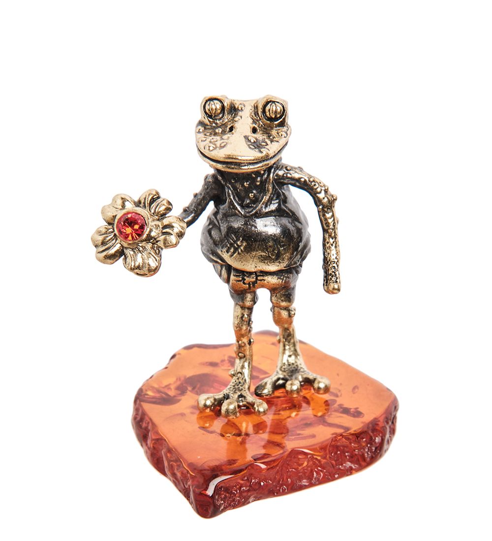 Народные промыслы AM-1494 Фигурка «Лягушка с цветком» (латунь, янтарь)