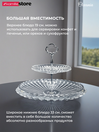 Блюдо-этажерка двухъярусное 33х25 см. из стекла Oceania