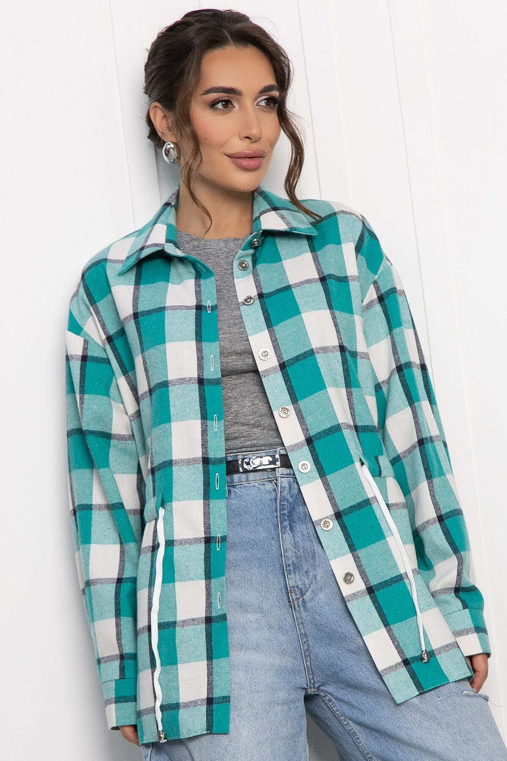 Рубашка хлопковая Джанет (бело-зеленая) Б14270-4М LT Collection