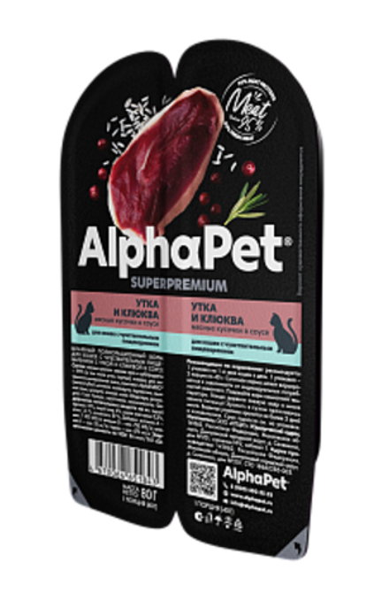 AlphaPet 80г "Superpremium" Влажный корм для взрослых кошек с чувствительным пищеварением, утка и клюква
