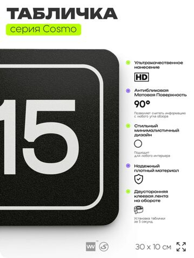 Таблички с номером аудитории "Аудитория №15", для офиса, 30 х 10 см, серия COSMO 3010, черная, Айдентика Технолоджи