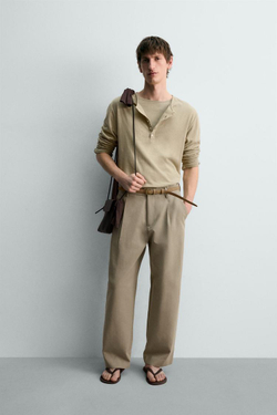 ZARA БРЮКИ ПРЯМОГО КРОЯ СО СКЛАДКАМИ - LIMITED EDITION, СВЕТЛЫЙ ХАКИ