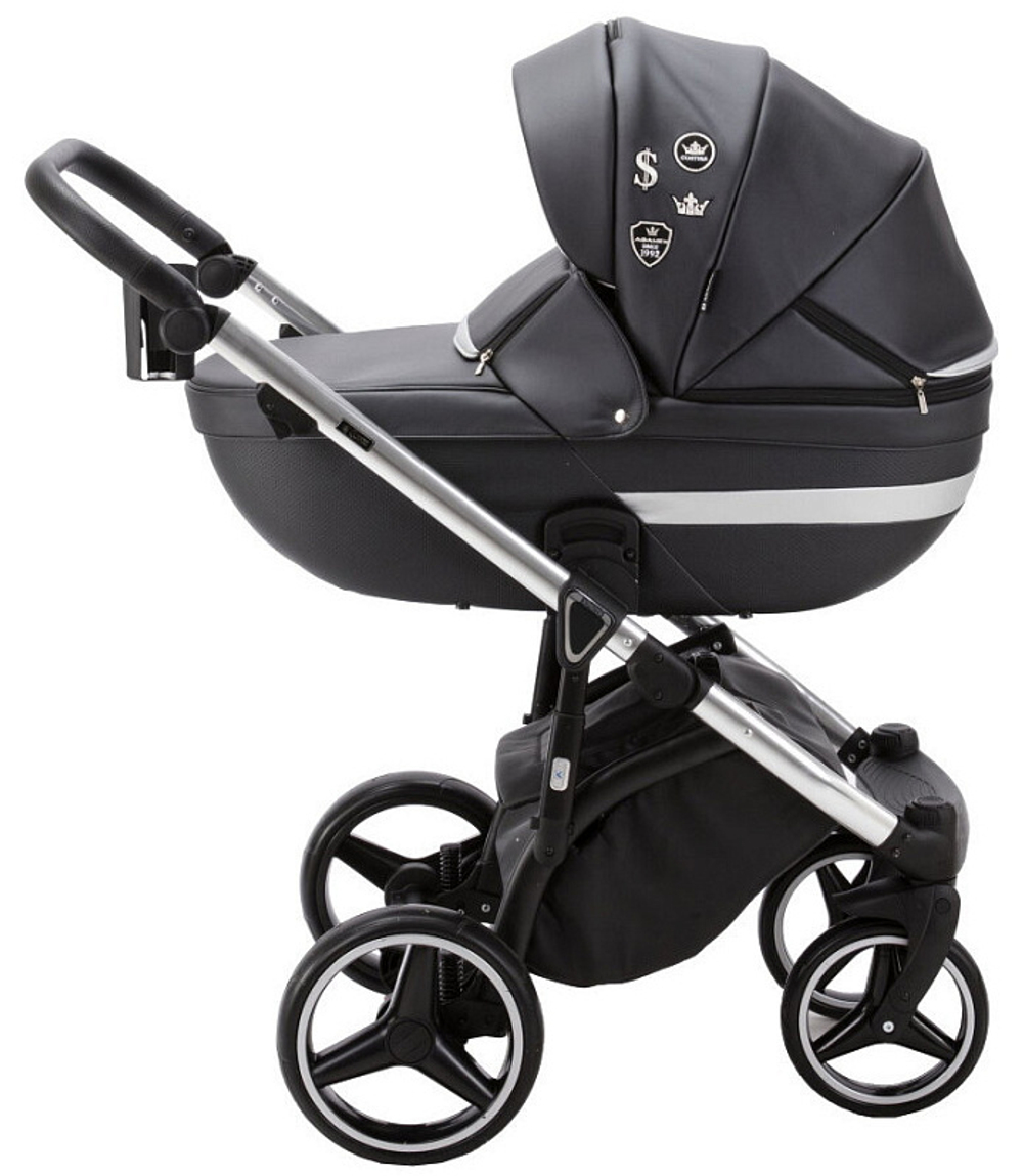 Детская коляска Adamex Cortina Deluxe 3 в 1 CT334 (ЧЕРН.КОЖА+СЕРЕБ.ОТДЕЛКА+ ХРОМ РАМА)