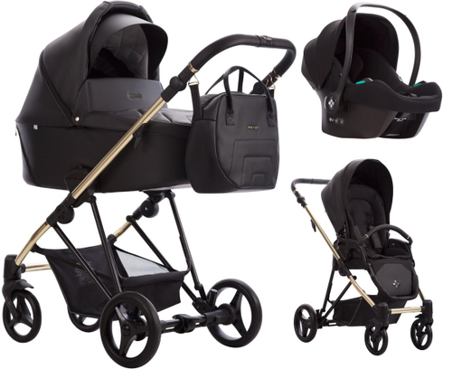 Детская коляска Bebetto Yoddi Premium Class 3 в 1 с автокреслом Avionaut Cosmo 02 черная кожа рама золото
