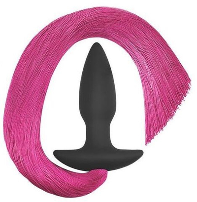 Черная анальная пробка с розовым хвостом Silicone Anal Plug with Pony Tail (Цвет: черный с розовым)