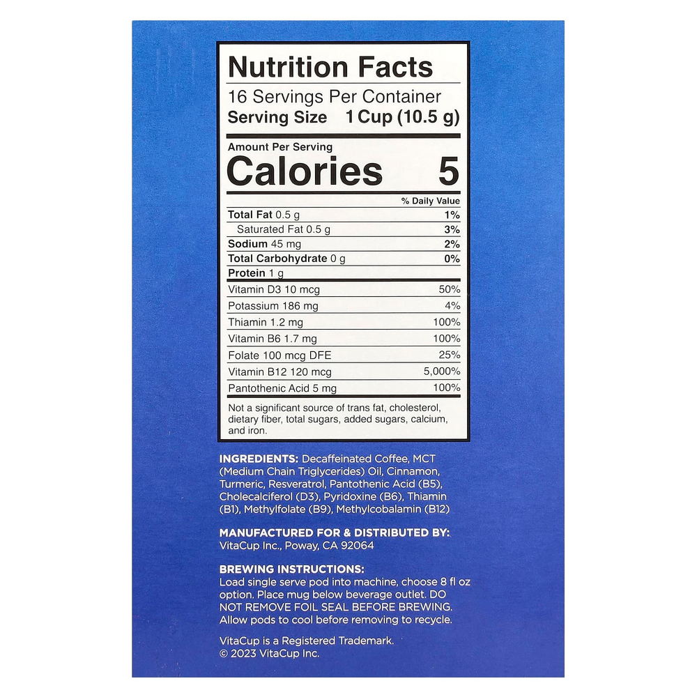 VitaCup, Genius Coffee, средней темной обжарки, без кофеина, 16 капсул по 10,5 г (0,37 унции)