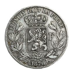 Монета 5 франков Бельгия 1870 год