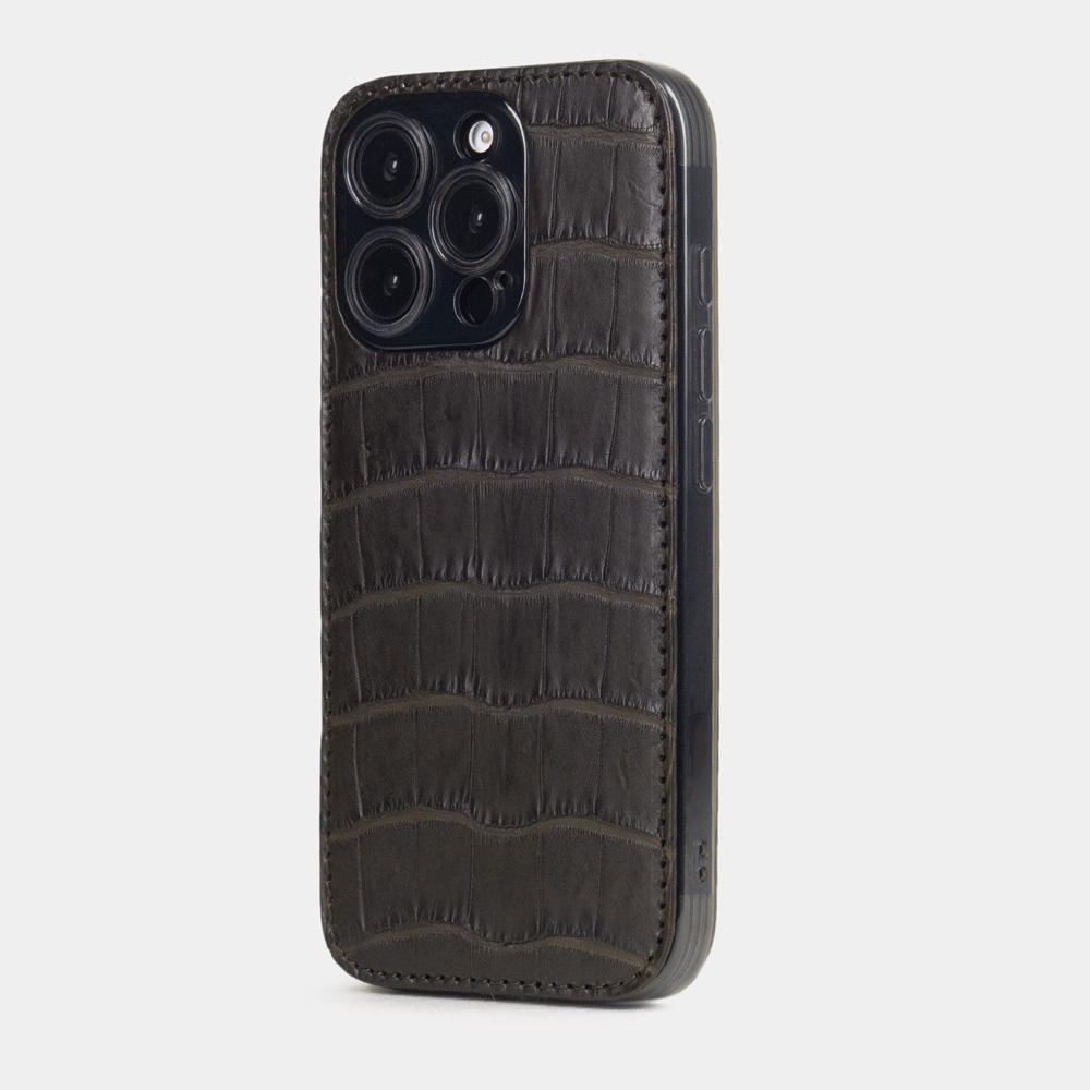 Чехол-накладка кожаная для iPhone 16 Pro, аллигатор коричневого цвета