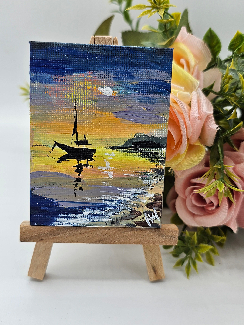 Миниатюра акрилом на холсте 6х8см "Яхта" с мольбертом, авторская ручная работа