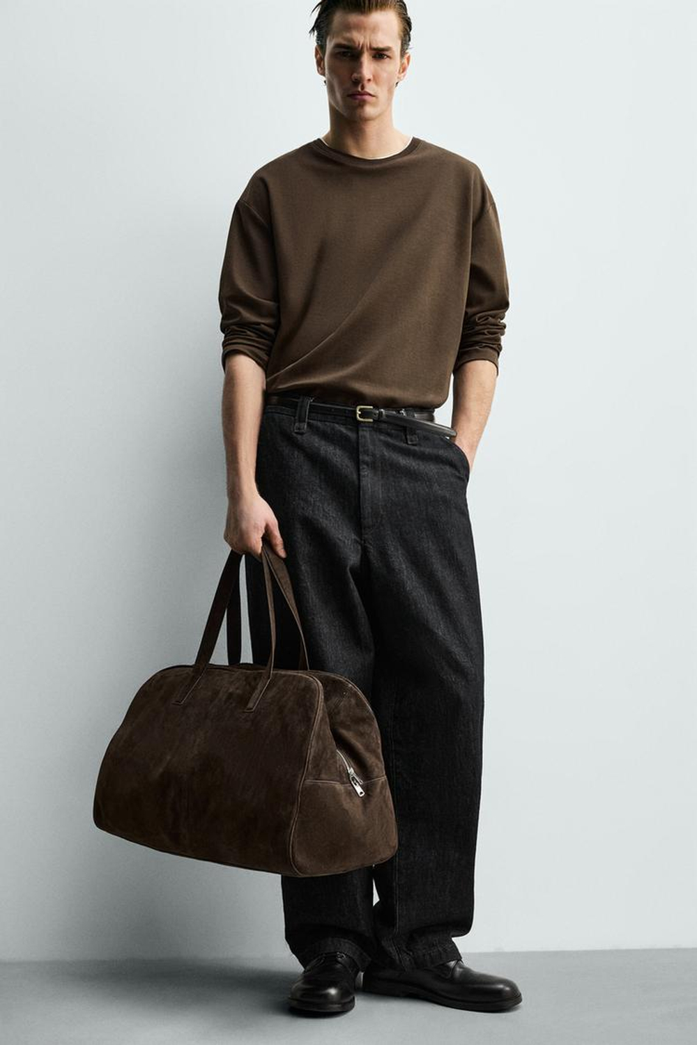 ZARA ФУТБОЛКА С ДВОЙНЫМИ КОНТРАСТНЫМИ ДЕТАЛЯМИ, КОРИЧНЕВЫЙ